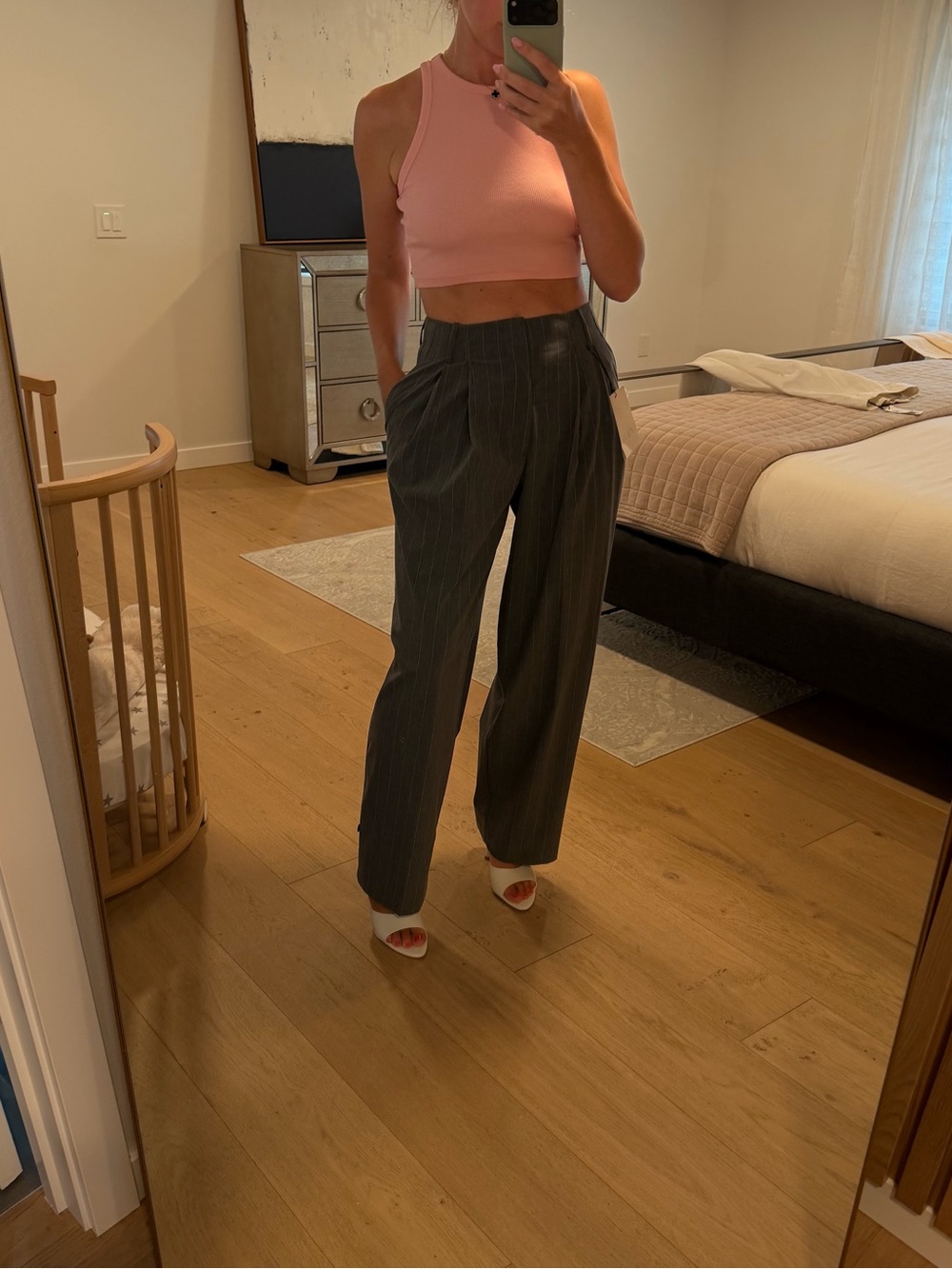 Zara Gray Pinstripe High-Waist Pleated Trousers